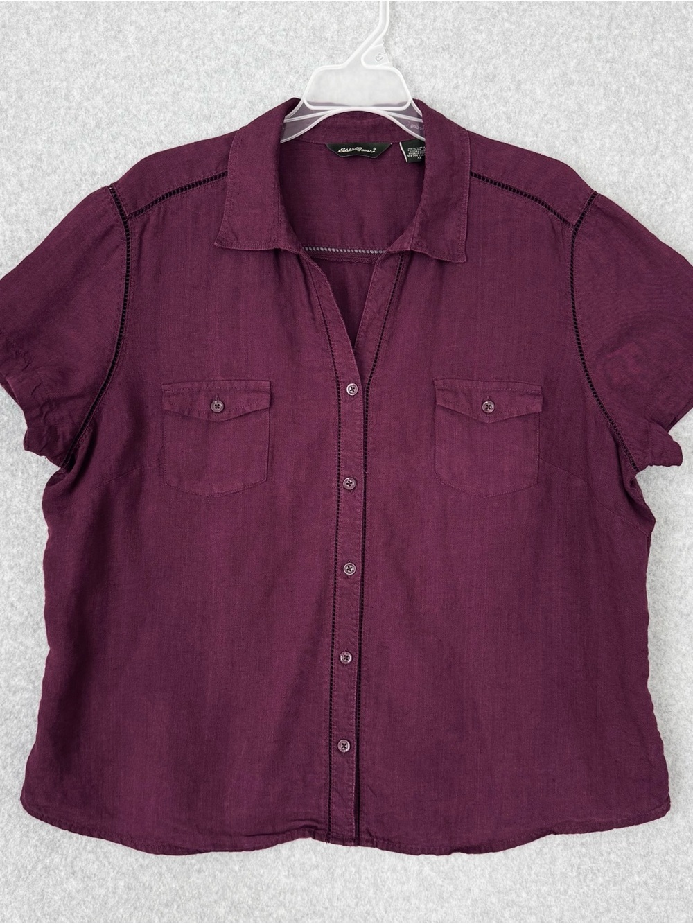 Eddie Bauer Womens Linen Shirt Size XL Purple Button Up Ladder Lace Trim Coastal